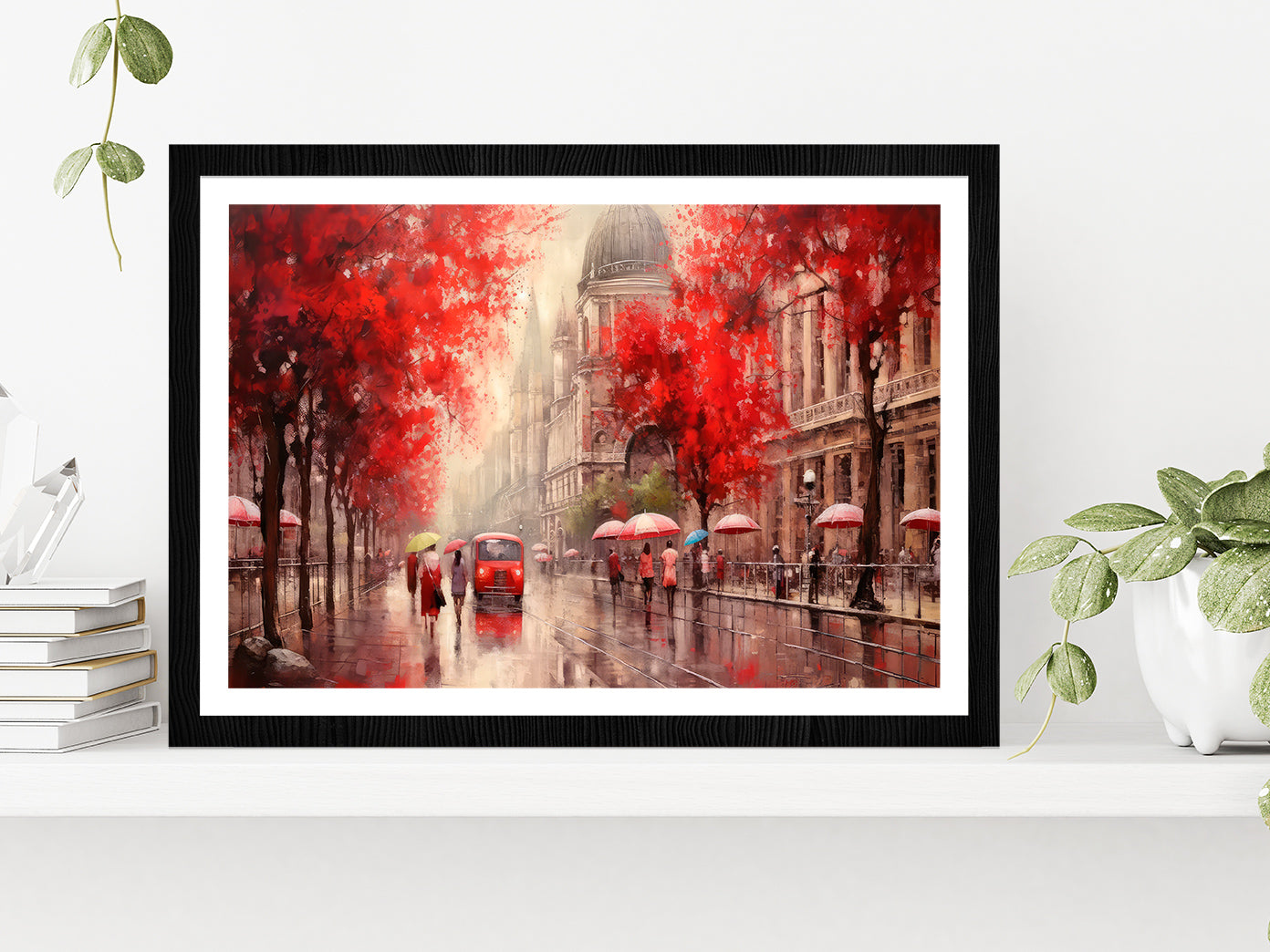 Street View Of Budapest, People Under A Red Umbrella & Tree, Night & Moon Glass Framed Wall Art, Ready to Hang Quality Print With White Border Black