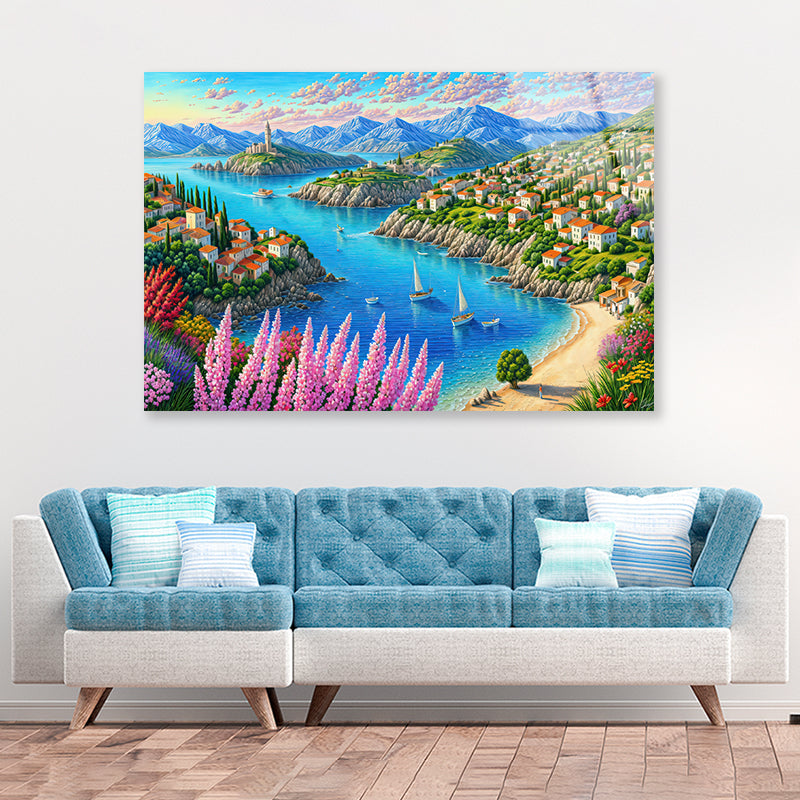 Painting Of a Town with a Lake, Trees, Mountains, and Flowers Acrylic Glass Print Tempered Glass Wall Art 100% Made in Australia Ready to Hang