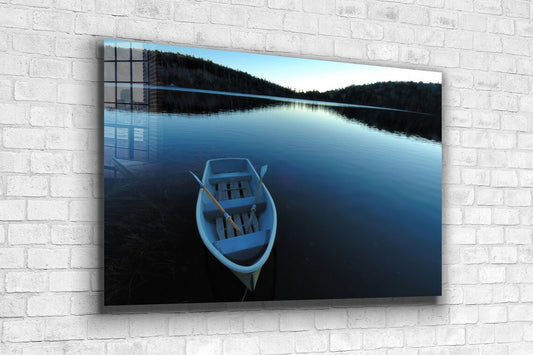 Boat on Calm Lake View UV Direct Aluminum Print Australian Made Quality