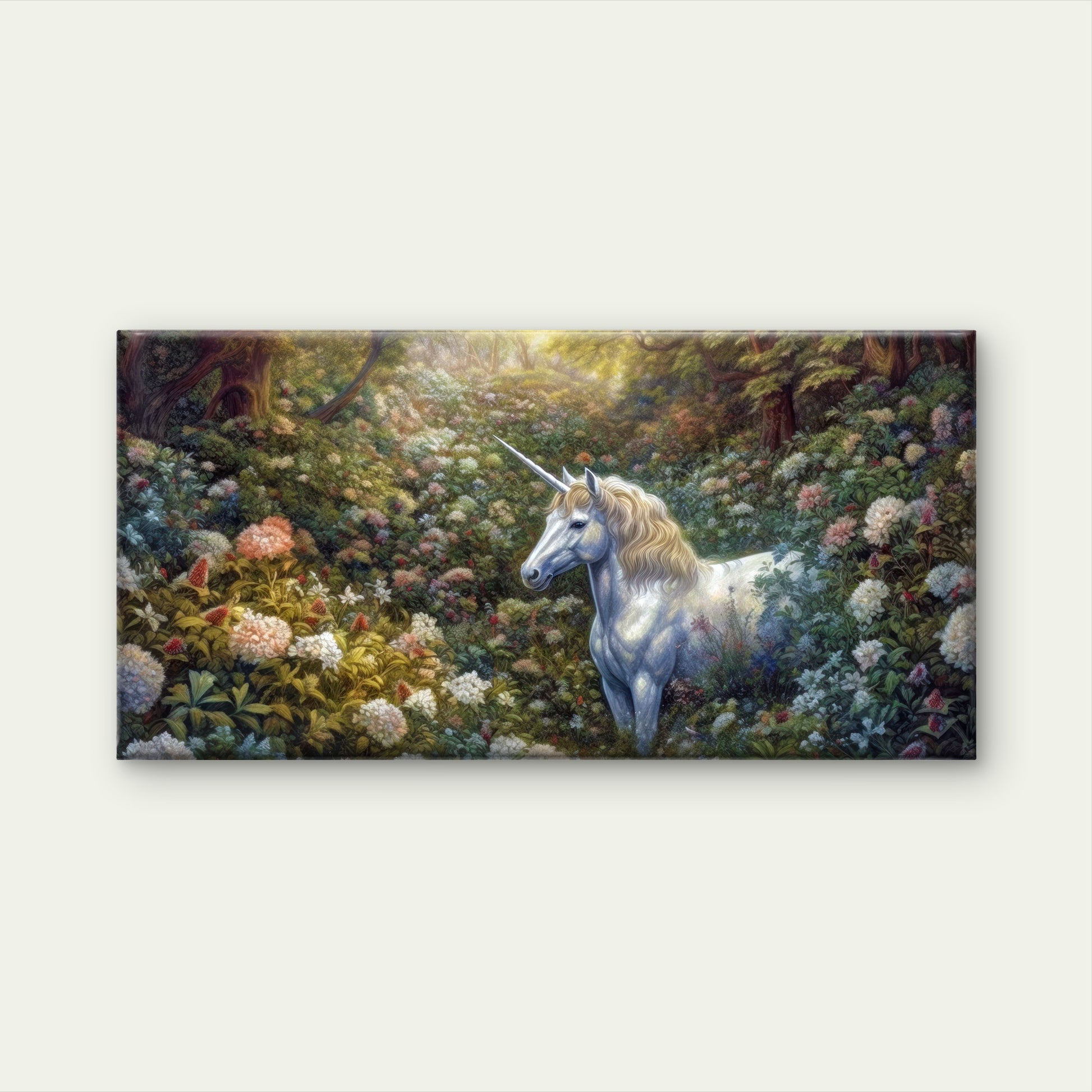 Fantasy Floral Forest White Unicorn Hydrangea Garden Wall Art Canvas Office Home Framed 120x60cm