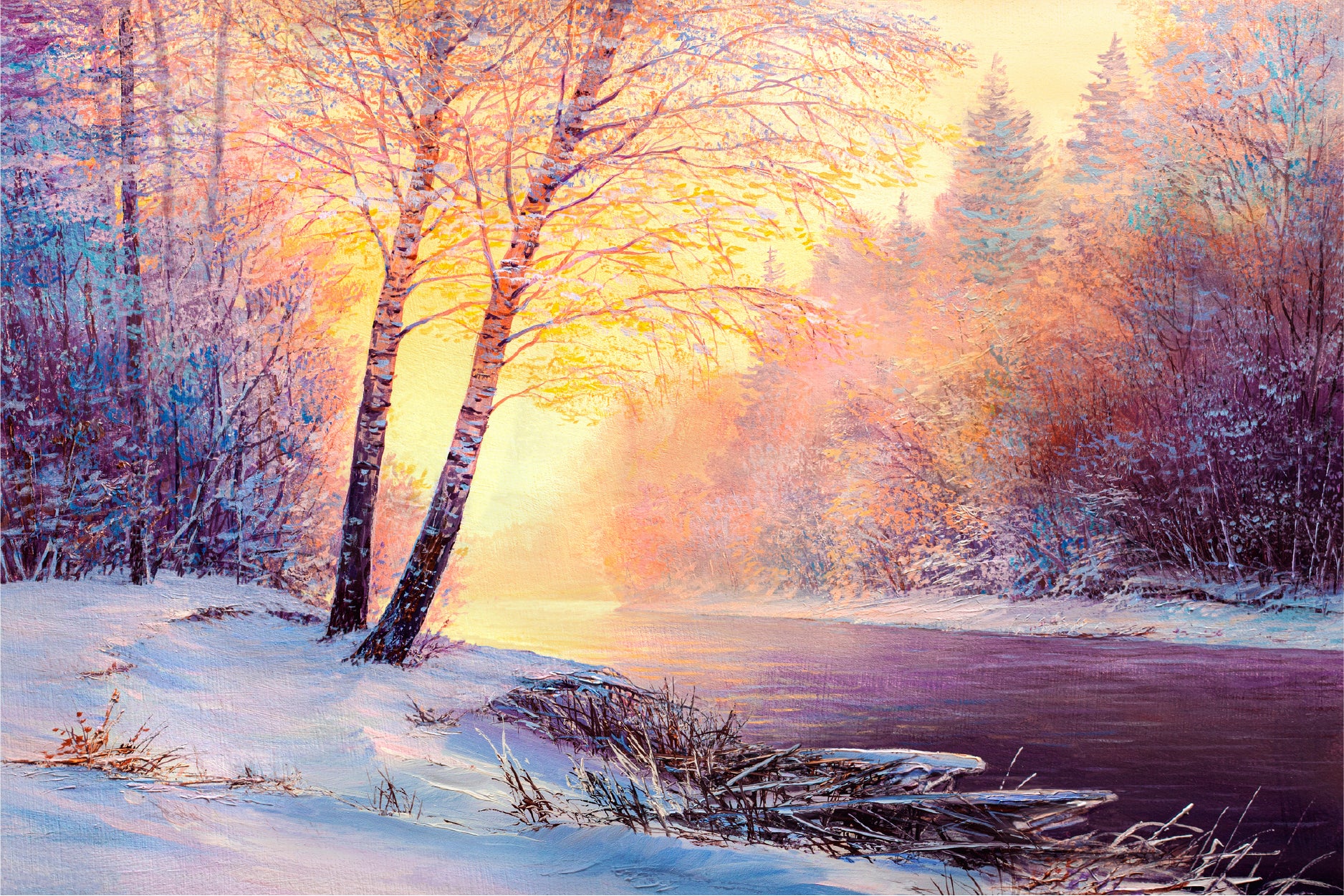 Winter Forest & A River Covered In Snow At Sunset Glass Framed Wall Art, Ready to Hang Quality Print