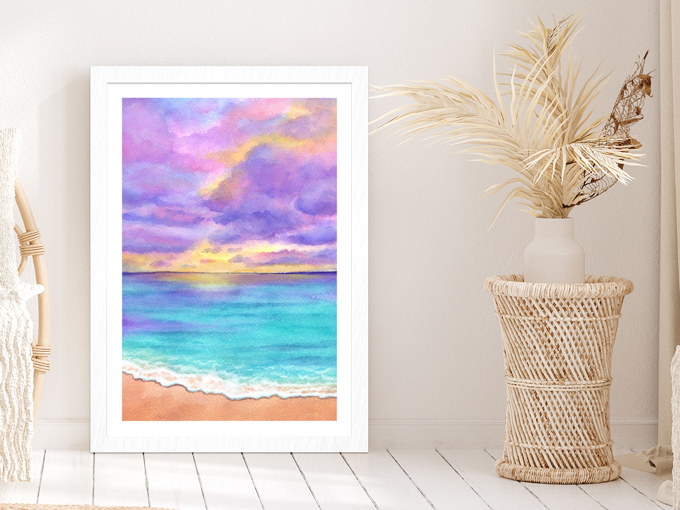 Purple Sunset & Blue Beach Illustration Glass Framed Wall Art, Ready to Hang Quality Print With White Border White