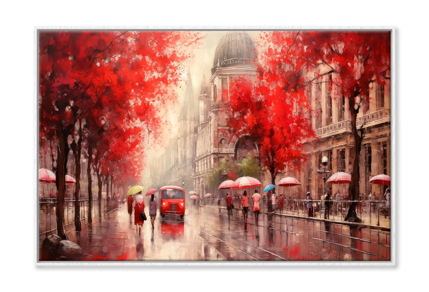 Street View Of Budapest, People Under A Red Umbrella & Tree, Night & Moon Oil Painting Wall Art Limited Edition High Quality Print Canvas Box Framed White