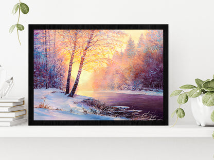 Winter Forest & A River Covered In Snow At Sunset Glass Framed Wall Art, Ready to Hang Quality Print Without White Border Black