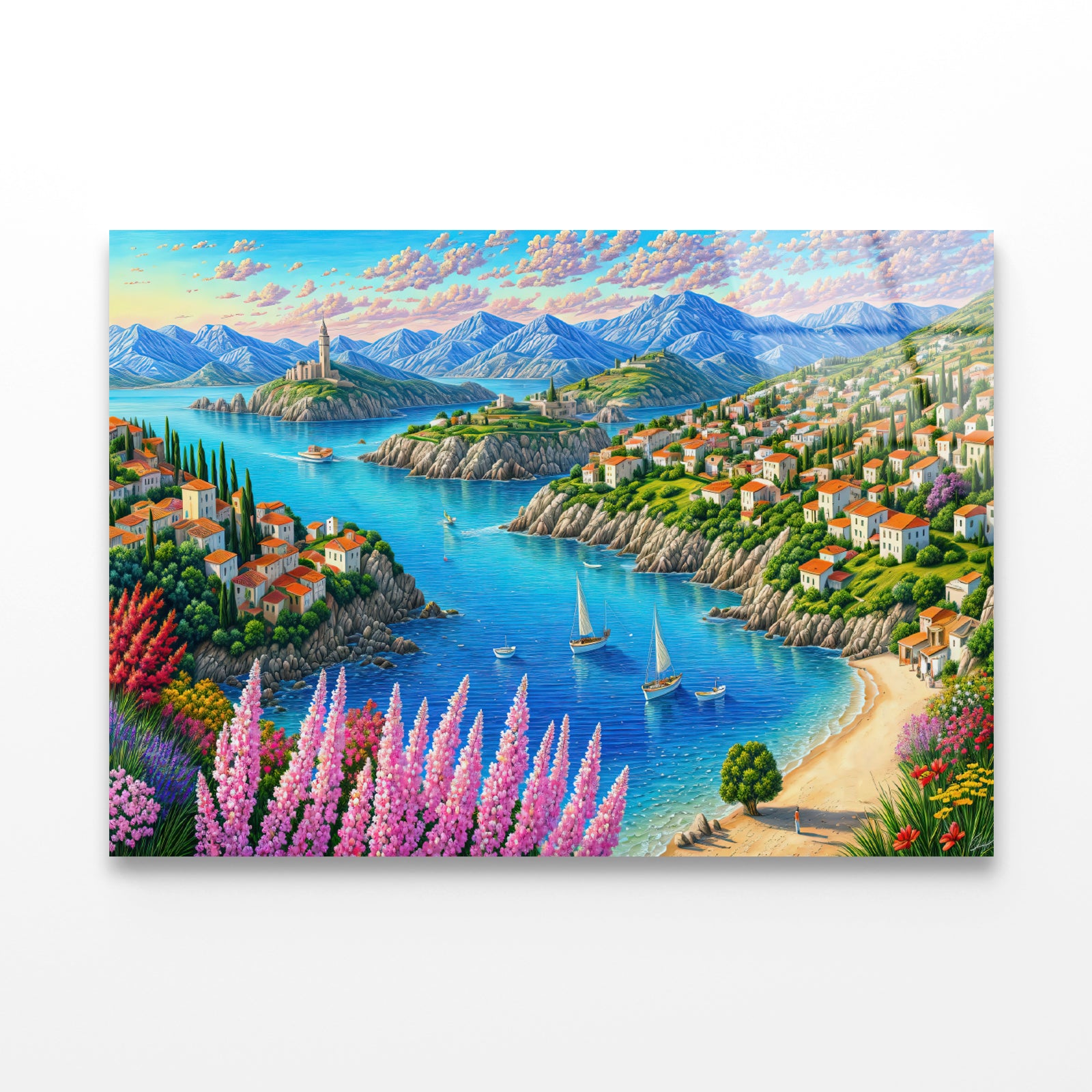 Painting Of a Town with a Lake, Trees, Mountains, and Flowers Acrylic Glass Print Tempered Glass Wall Art 100% Made in Australia Ready to Hang