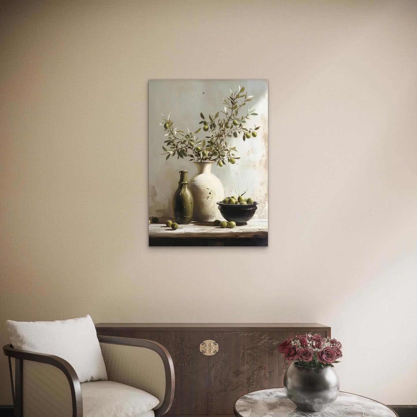 Mediterranean Green Olives Vase 60x90cm Metal Print Ready to Hang - Bella Home Decor