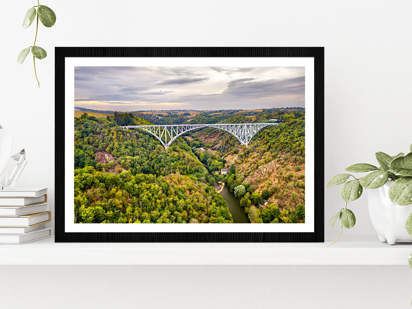 A Railway Bridge In Aveyron Glass Framed Wall Art, Ready to Hang Quality Print With White Border Black