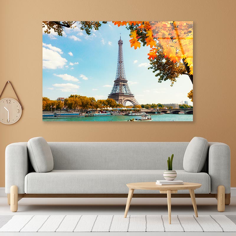 Boat Is in The Water Near the Eiffel Tower Acrylic Glass Print Tempered Glass Wall Art 100% Made in Australia Ready to Hang - Bella Home Decor