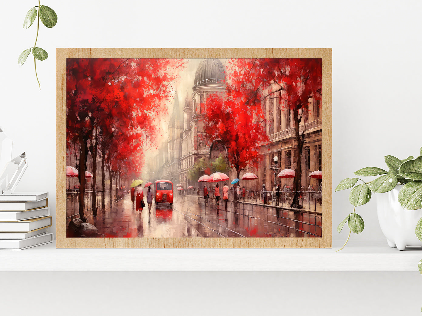 Street View Of Budapest, People Under A Red Umbrella & Tree, Night & Moon Glass Framed Wall Art, Ready to Hang Quality Print Without White Border Oak