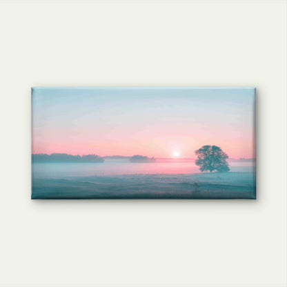 Sunrise Over a Misty Field Wall Art Canvas Office Home Room Framed 120x60cm