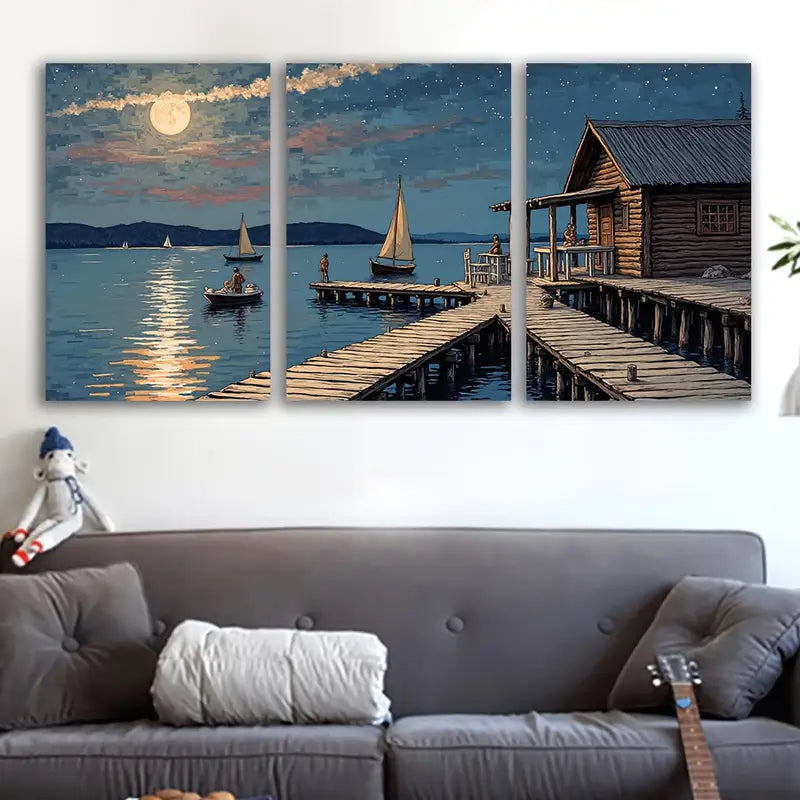 3pcs Night Sailboats Moonlit Sky Scene Wall Art Set Canvas Framed 60x90cm - High Quality Print 100% Australian Made Wall Canvas Ready to Hang