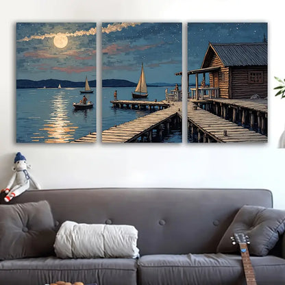 3pcs Night Sailboats Moonlit Sky Scene Wall Art Set Canvas Framed 60x90cm - High Quality Print 100% Australian Made Wall Canvas Ready to Hang