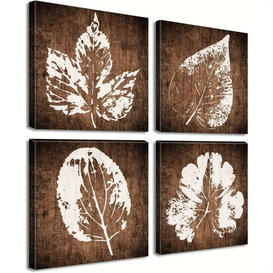 4pcs Vintage Leaf Pictures Decor Wall Art Canvas Framed