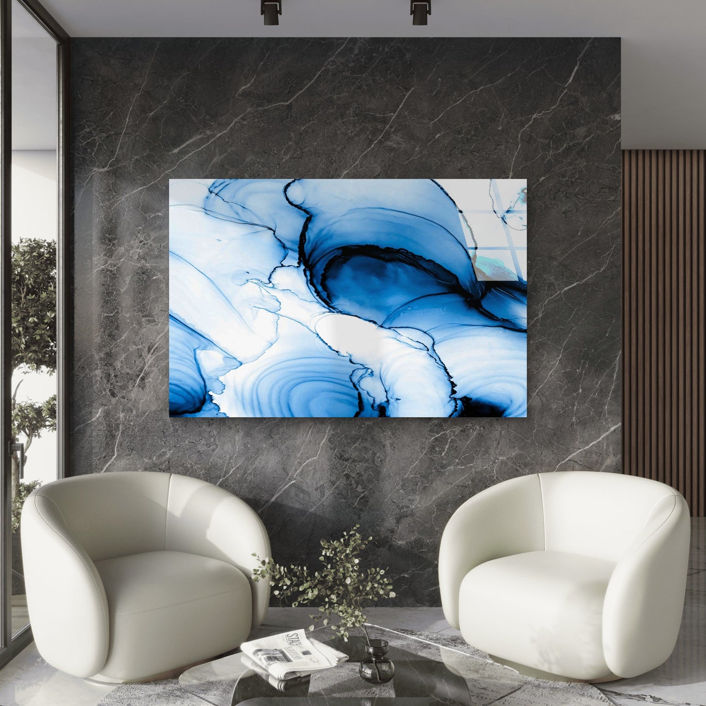 Blue Abstract Fluid Ink Tempered Glass Printing Wall Art Australian Made Quality