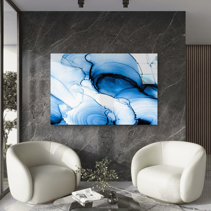 Blue Abstract Fluid Ink Tempered Glass Printing Wall Art Australian Made Quality