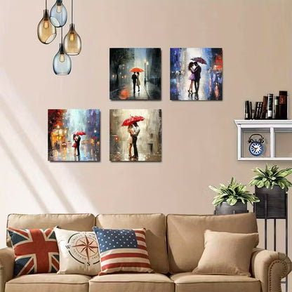 4pcs Romantic Lovers With Red Umbrellas Wall Art Canvas Framed