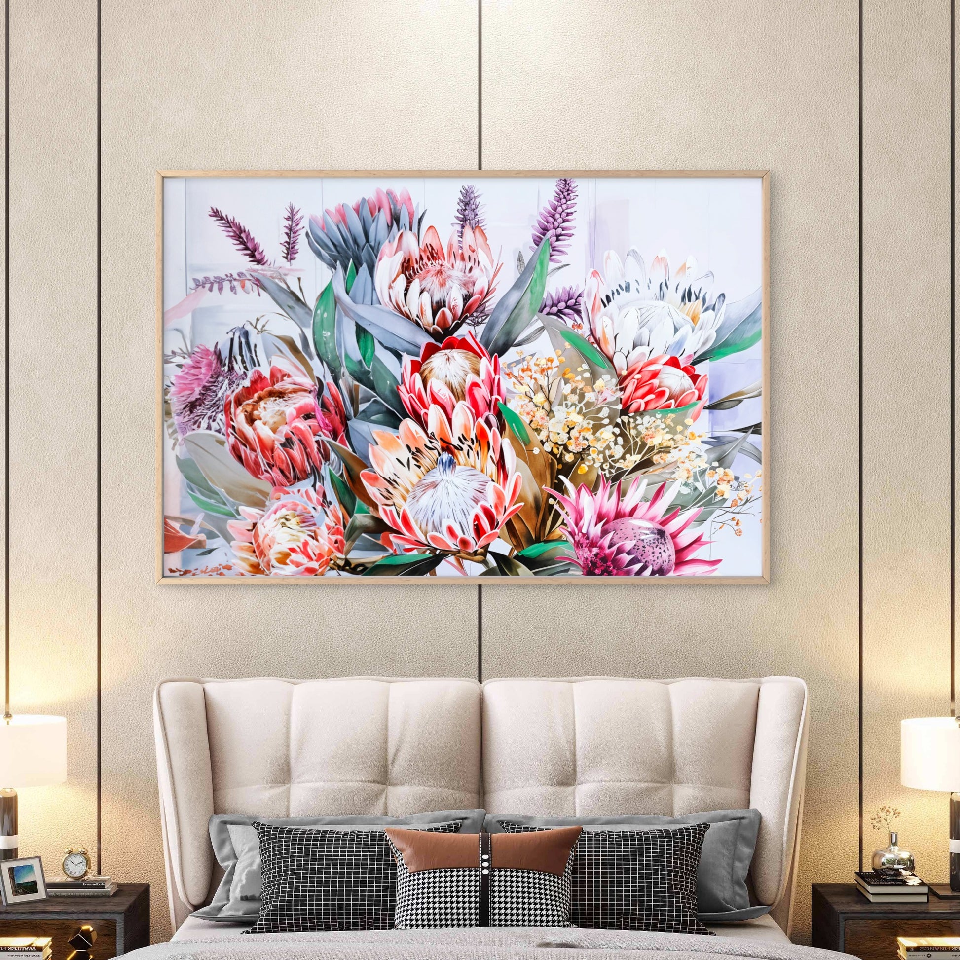 Neutral Protea Flowers Bouquet Close-Up Wall Art Decor 100% Australian Made - Bella Home Decor