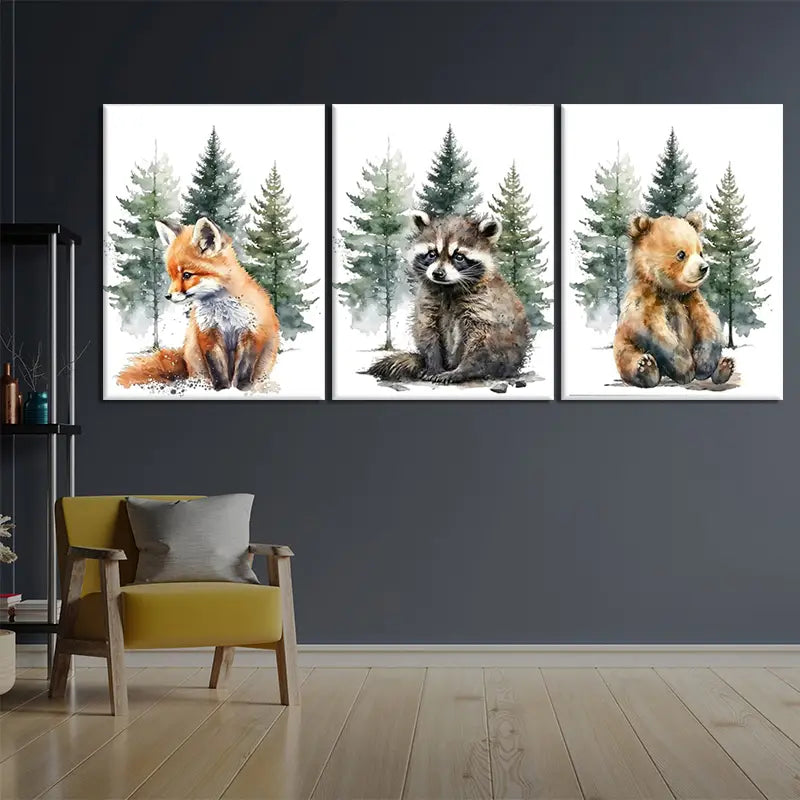 3pcs Forest Watercolor  Fox, Raccoon,Bear Painting Metal Print Ready to Hang Art - Bella Home Decor