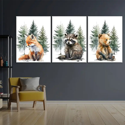 3pcs Forest Watercolor  Fox, Raccoon,Bear Painting Metal Print Ready to Hang Art - Bella Home Decor