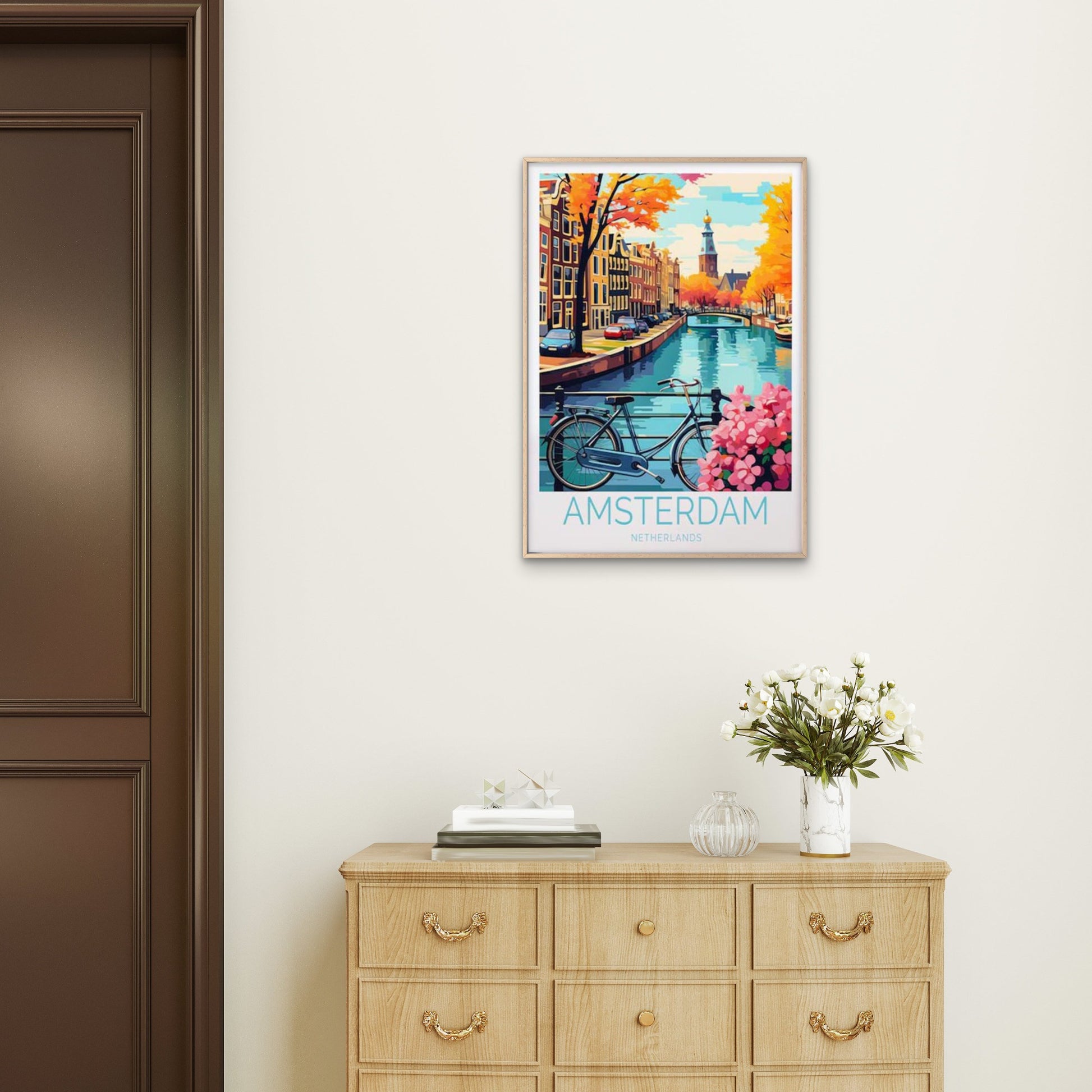 Amsterdam Netherlands, Bridge & Bicycle Travel Poster Print Wall Art - Bella Home Decor