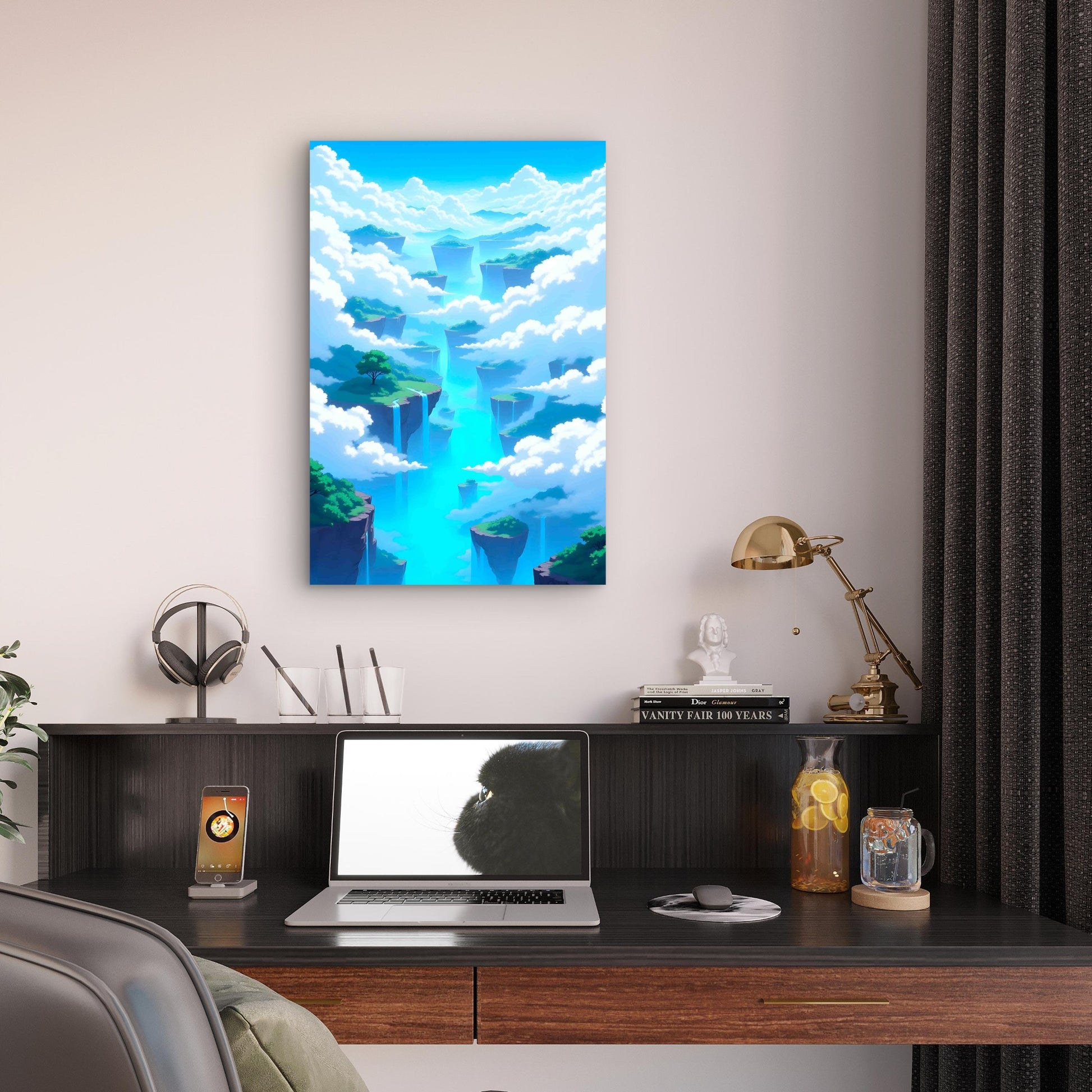 Floating Islands Waterfalls Sky 60x90cm Metal Print Ready to Hang