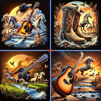 4pcsFull Round Crystal Diamond Sewing Mosaic  Wall Art Canvas Framed