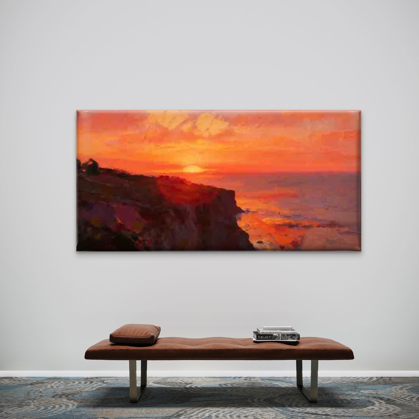 Sunset Ocean Cliff Landscape Wall Art Canvas Office Home Room Framed 120x60cm