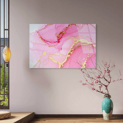 Abstract Pink Marble Fluid Gold Swirl Acrylic Glass Printing Wall Art Australian Made Quality