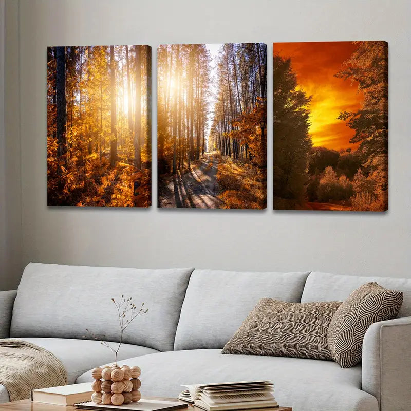 3pcs Autumn Sunset Forest Landscape Wall Art Set Canvas Framed 60x90cm - High Quality Print 100% Australian Made Wall Canvas Ready to Hang - Bella Home Decor