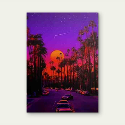 Purple Starry Sky with Palm Trees Sunset Metal Print Ready to Hang - Bella Home Decor