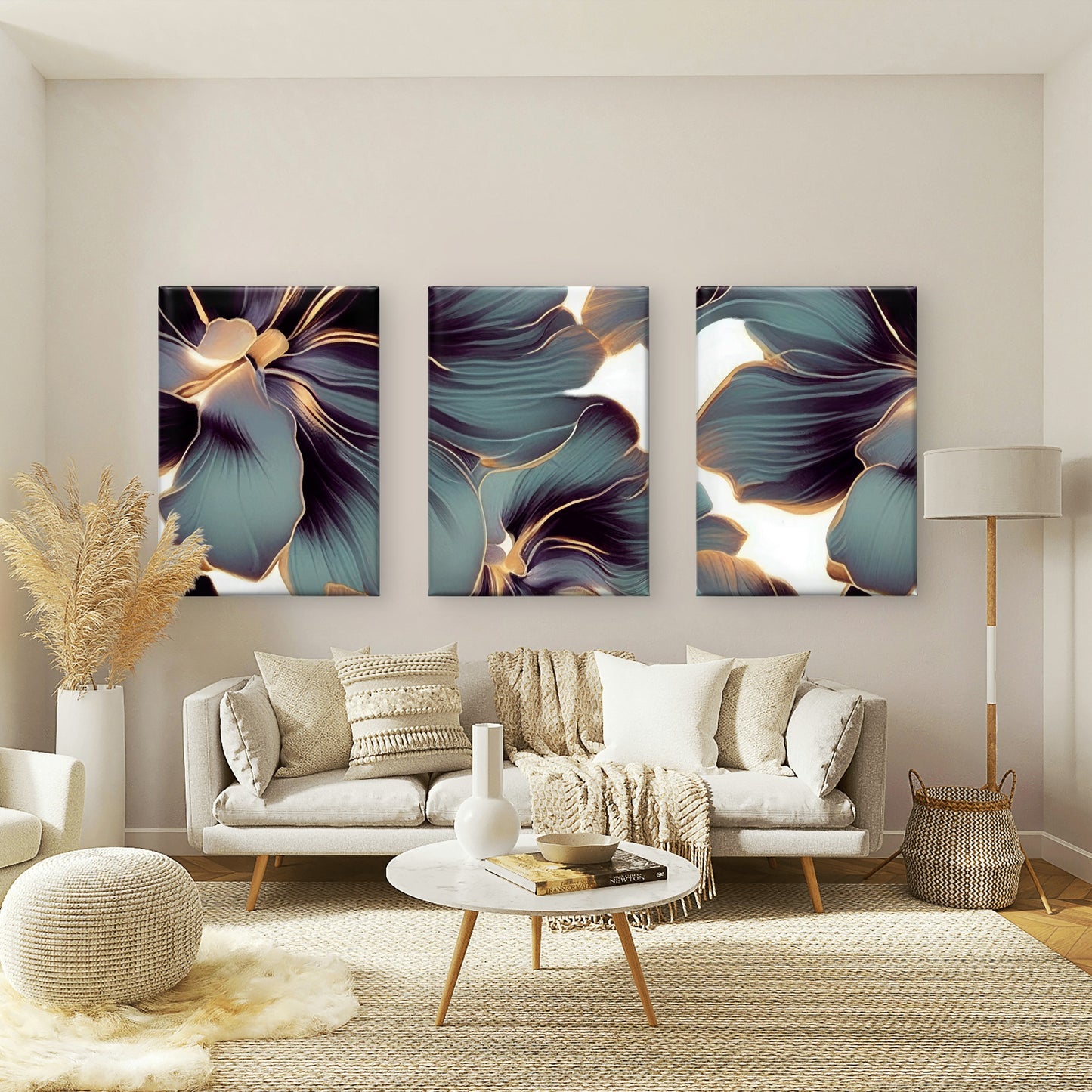 3pcs Abstract Luxury Teal Purple Gold Floral Wall Art Set Canvas Framed 40x60cm - High Quality Print 100% Australian Made Wall Canvas Ready to Hang
