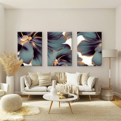 3pcs Abstract Luxury Teal Purple Gold Floral Wall Art Set Canvas Framed 40x60cm - High Quality Print 100% Australian Made Wall Canvas Ready to Hang
