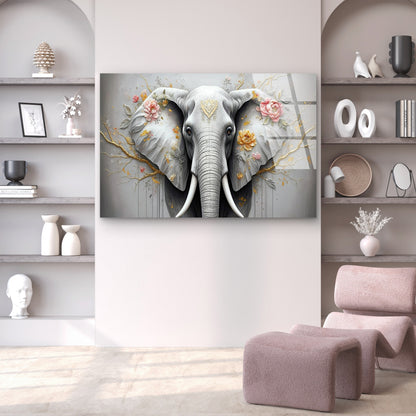 Elephant Portrait Gold Floral Abstract   Acrylic Glass Printing Wall Art Australian Made Quality
