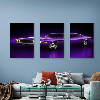 3pcs Purple Retro Muscle Car Yellow Headlights Metal Print Ready to Hang Art