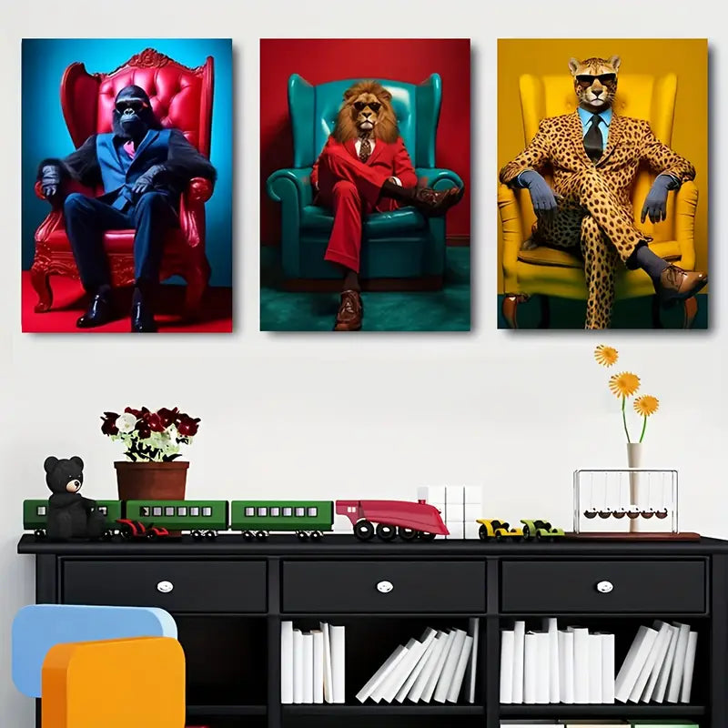 3pcs Funny Leopard In Suit Metal Print Ready to Hang Art - Bella Home Decor