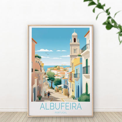 Albufeira Portugal, Houses and Sea View Travel Poster Print Wall Art