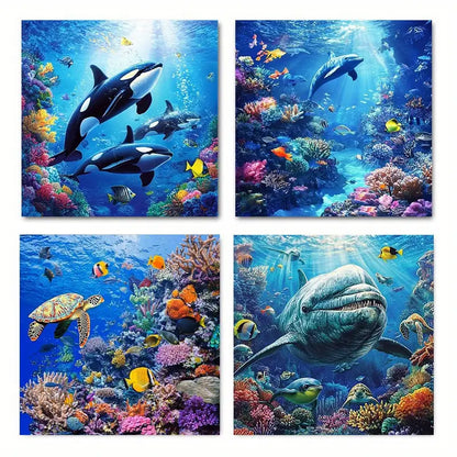 4pcs  Blue ocean turtle dolphin whale fish Wall Art Canvas Framed
