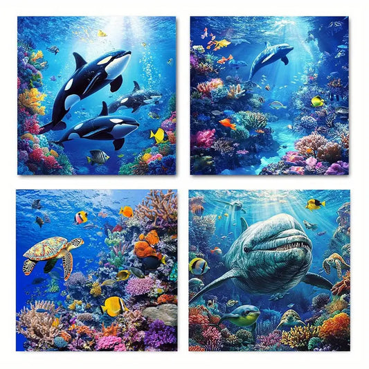 4pcs  Blue ocean turtle dolphin whale fish Wall Art Canvas Framed
