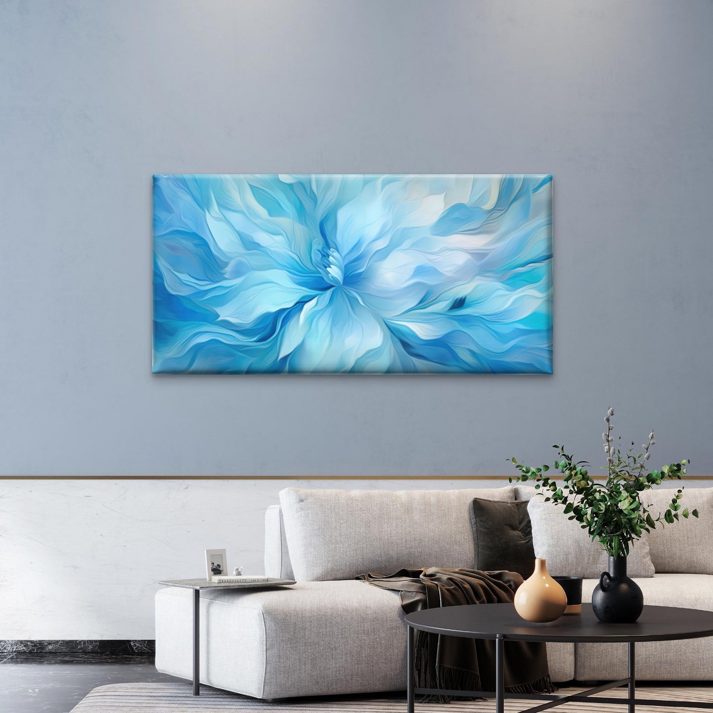 Blue Teal Floral Abstract Wall Art Canvas Office Home Room Framed 120x60cm