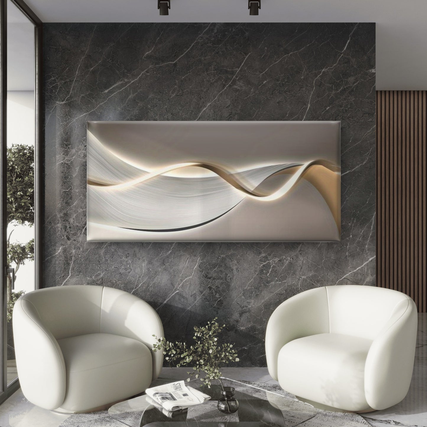 Beige Color Wave Painting Wall Art Canvas Office Home Room Framed 120x60cm