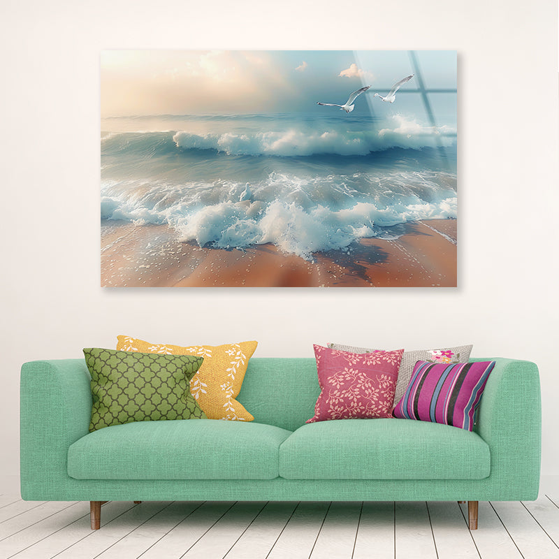 Birds Flying Over a Beach Acrylic Glass Print Tempered Glass Wall Art 100% Made in Australia Ready to Hang - Bella Home Decor