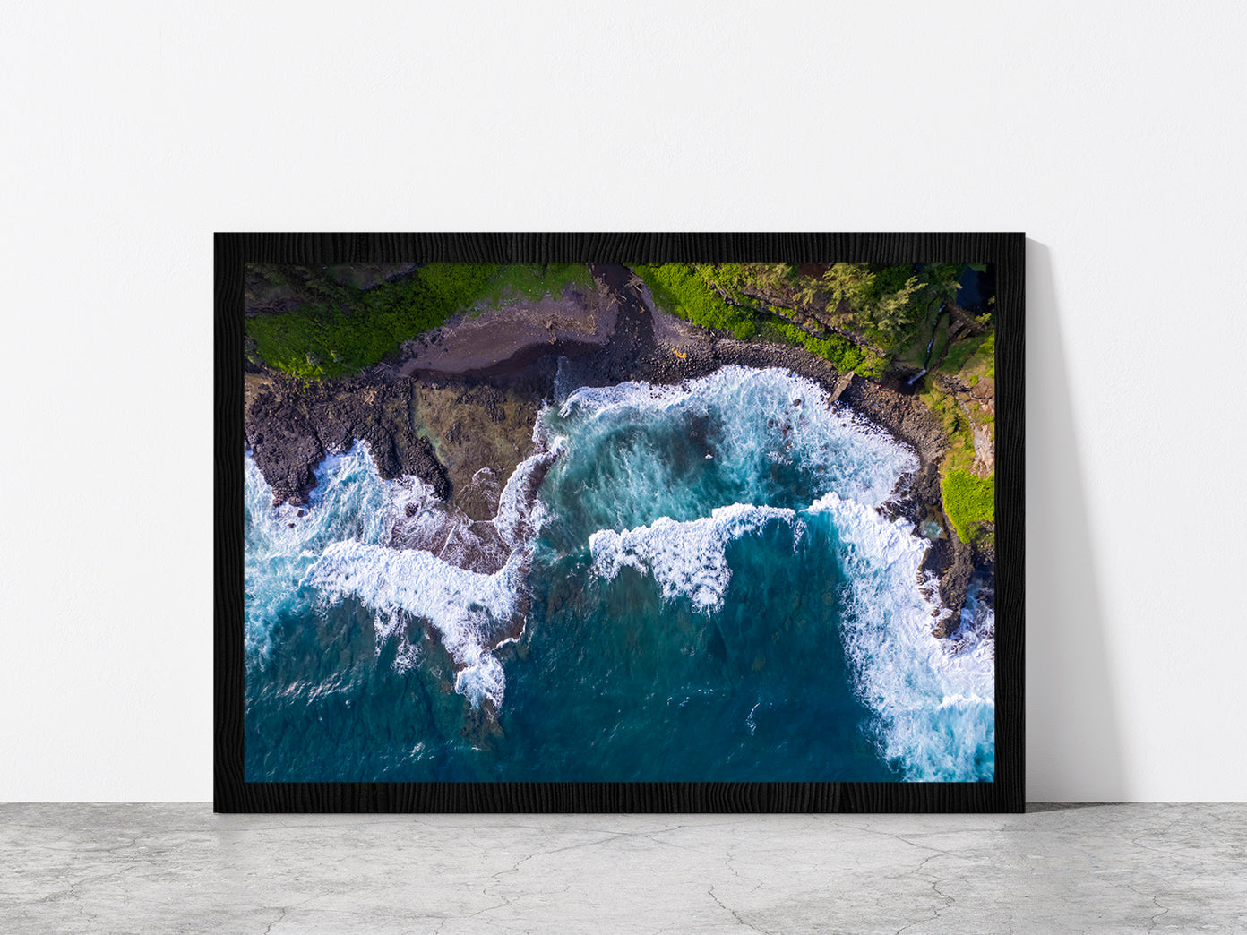 Drone View Of Beach & Sea Waves Glass Framed Wall Art, Ready to Hang Quality Print Without White Border Black