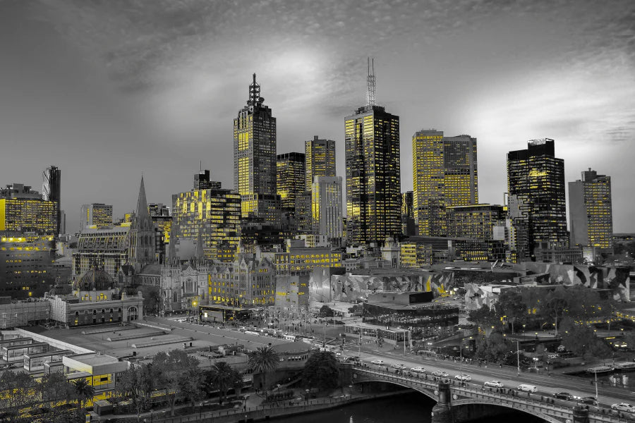 Melbourne Night With yellow lights B&W 90x60cm Print 100% Australian Made