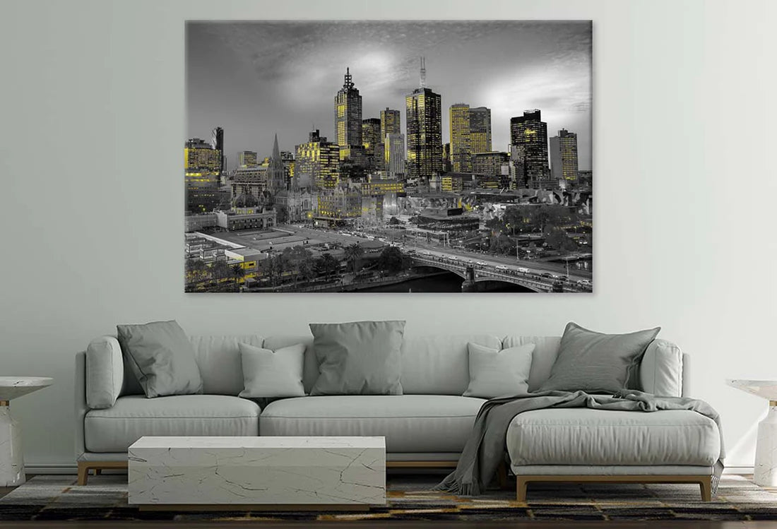 Melbourne Night With yellow lights B&W 90x60cm Print 100% Australian Made