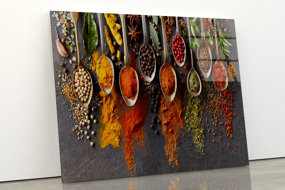 Different Types Spices on Spoons Acrylic Glass Print Tempered Glass Wall Art 100% Made in Australia Ready to Hang