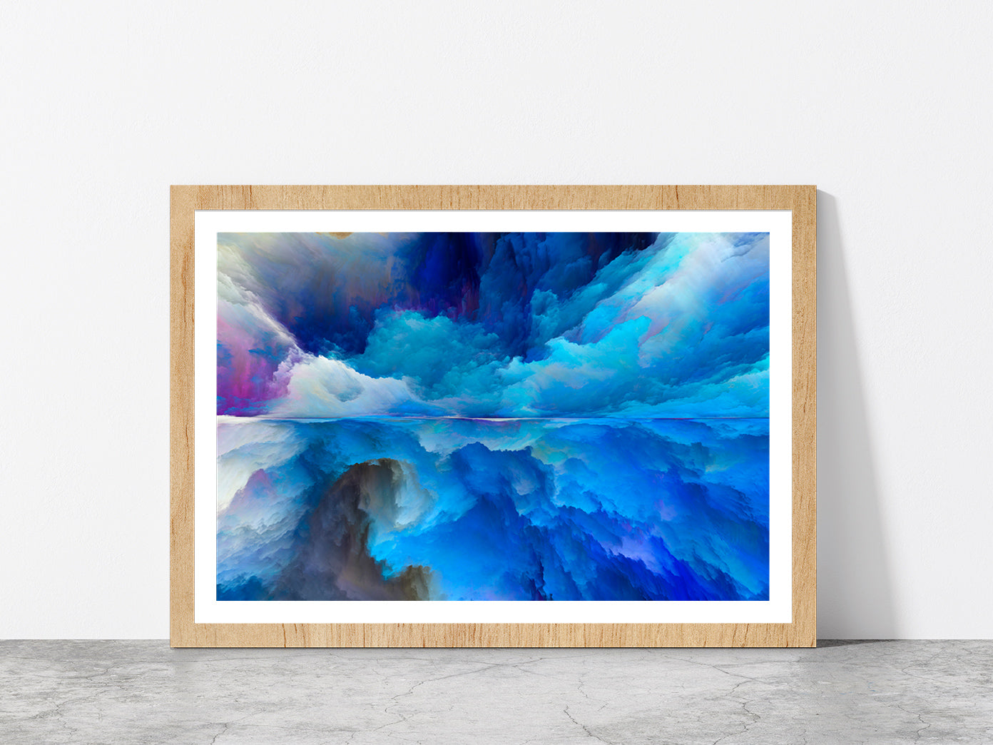 Blue Mixed Abstract Cloud Glass Framed Wall Art, Ready to Hang Quality Print With White Border Oak