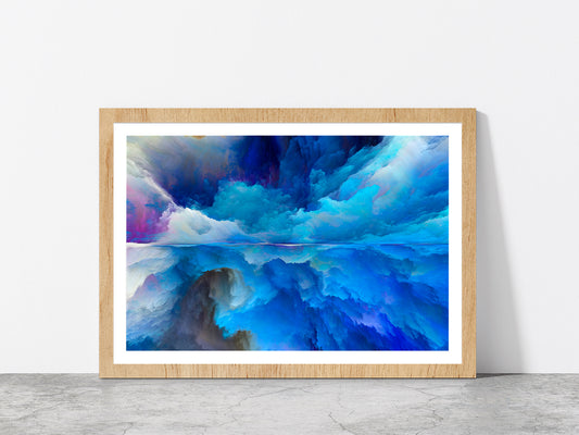 Blue Mixed Abstract Cloud Glass Framed Wall Art, Ready to Hang Quality Print With White Border Oak