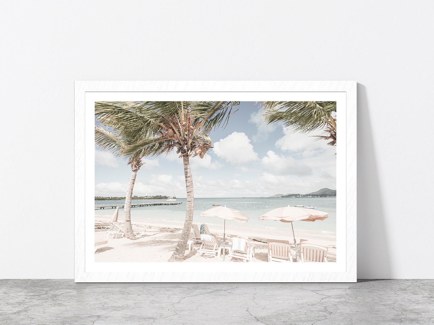 Palm Trees & Beach Huts near Beach Faded Photograph Glass Framed Wall Art, Ready to Hang Quality Print With White Border White