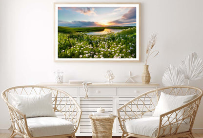 Summer Spring Natural With Lake & Wildflowers at Sunset Home Decor Premium Quality Poster Print Choose Your Sizes