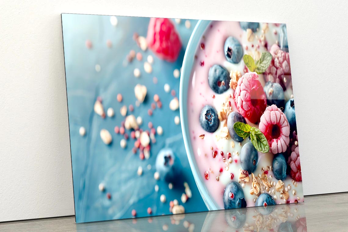 Close Up of Healthy Yogurt and Fruit  Acrylic Glass Print Tempered Glass Wall Art 100% Made in Australia Ready to Hang